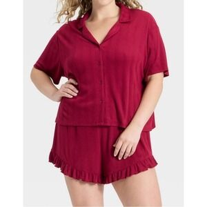 Wild Fable Womens Pajama Set Red Solid Button Down Shirt Ruffle Shorts Size S